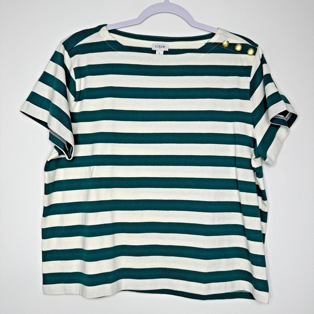 J Crew Gold Button Shoulder  Boatneck Tee Sz L Striped Secret‎ Grove